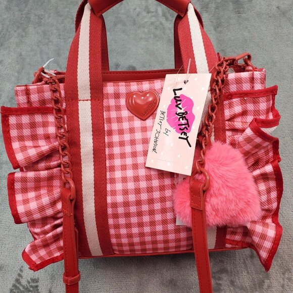 Betsey Johnson Handbags - Betsey Johnson Heart LB Ruffle Pink Red Gingham Handbag Crossbody Tote Cottage
